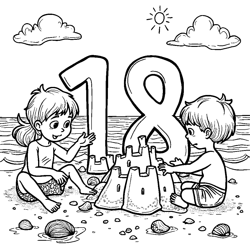 A beach scene featuring number eighteen with kids building sandcastles