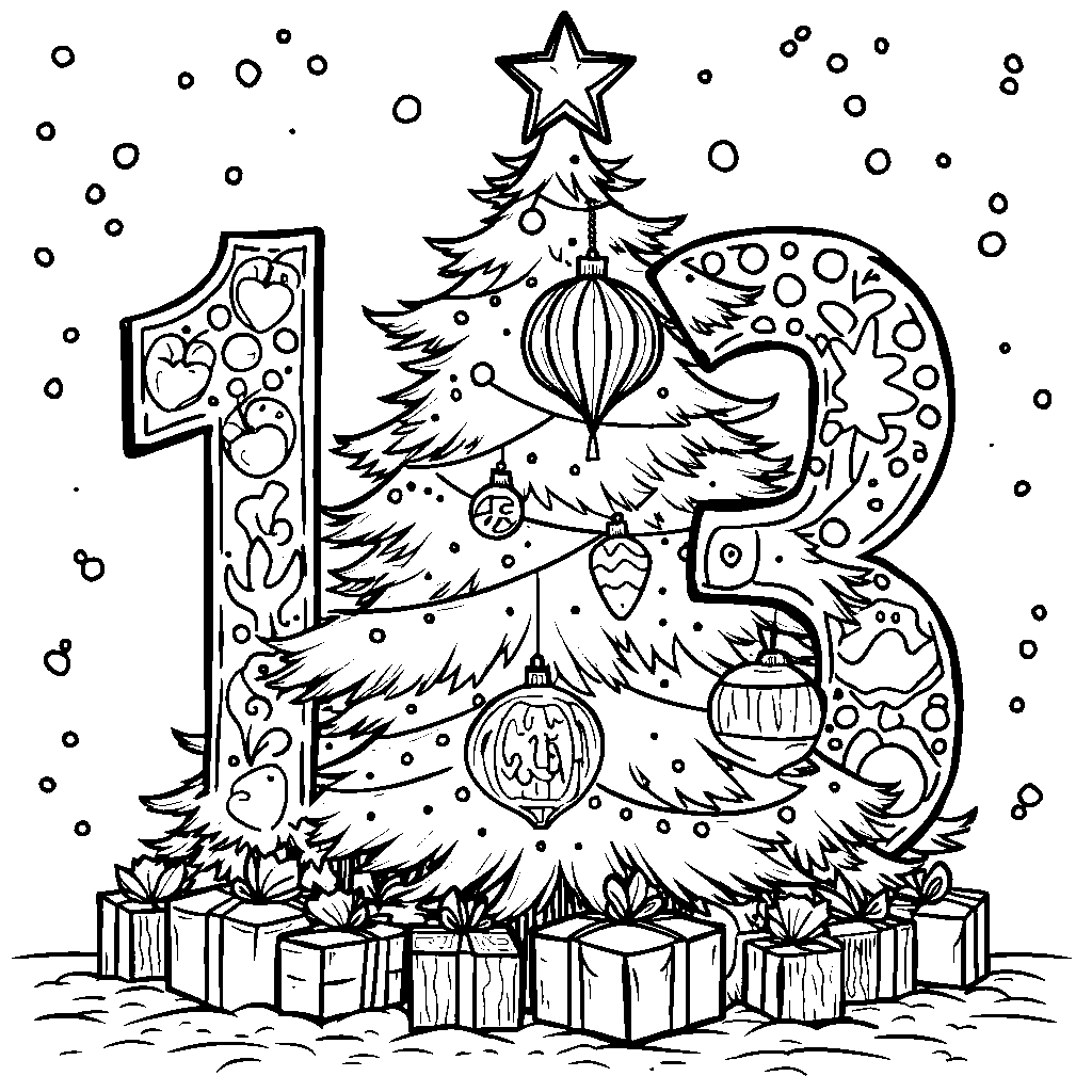 A Christmas tree decorated with number thirteen ornaments