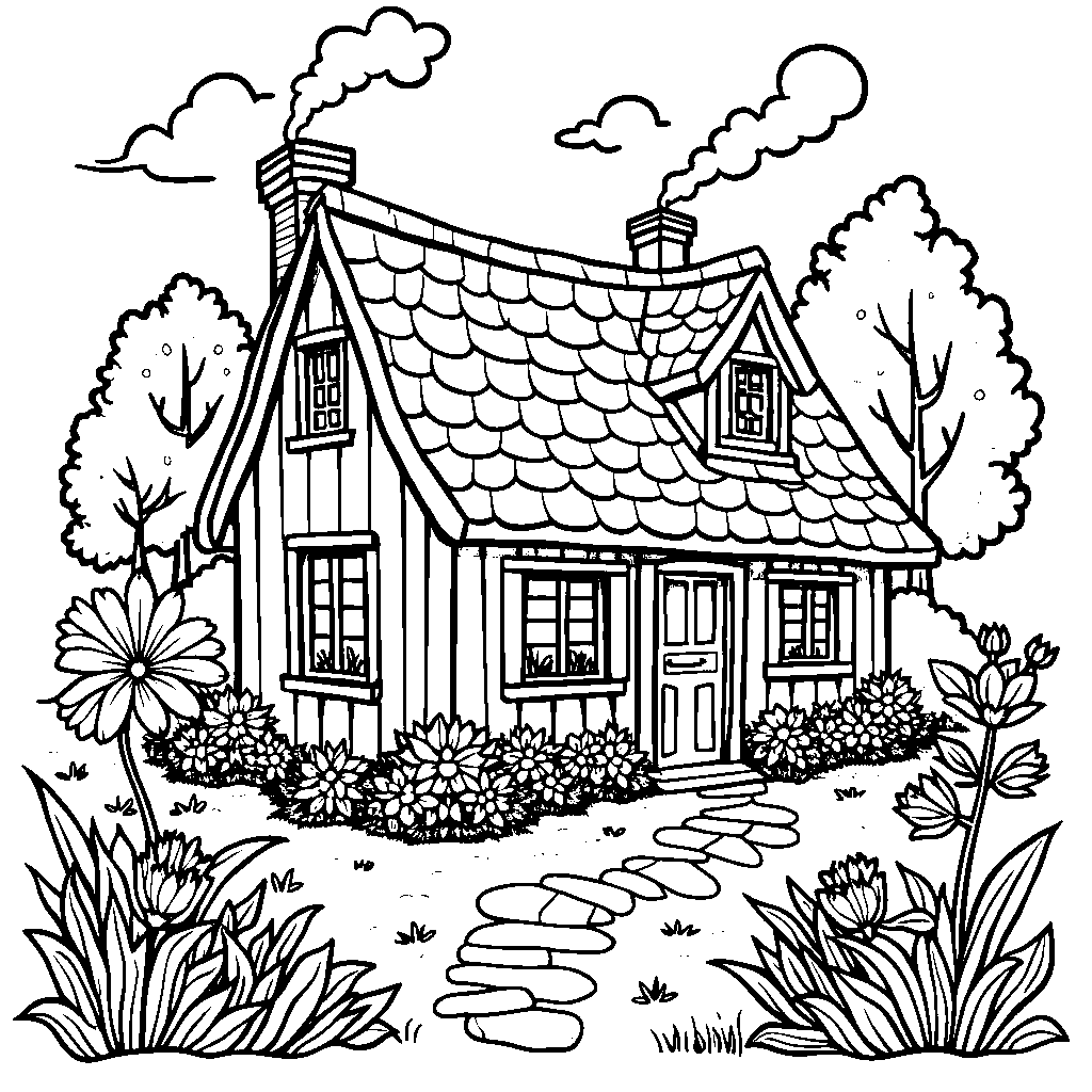 A cozy cottage surrounded by number five blooming flowers