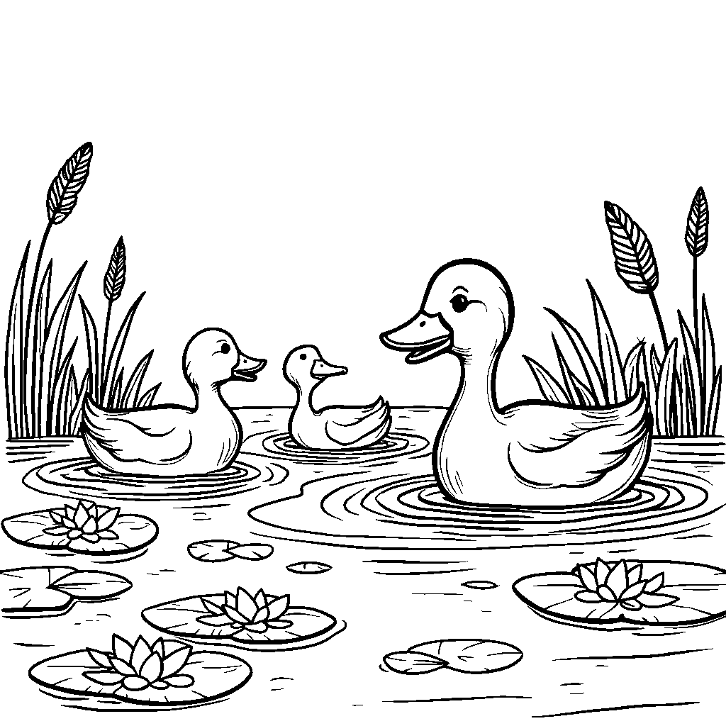 A family of ducks swimming in a pond to form number three