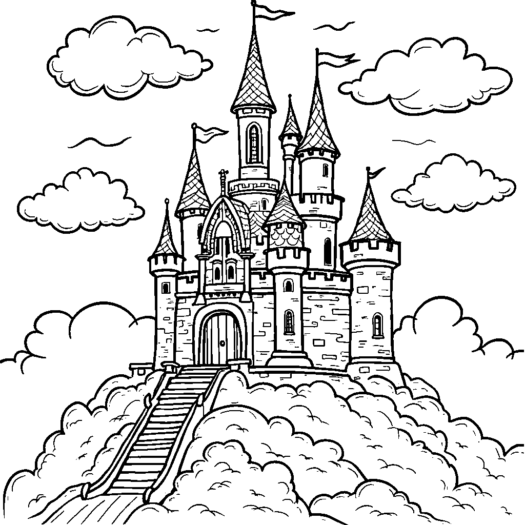 A magical castle with number four made out of clouds