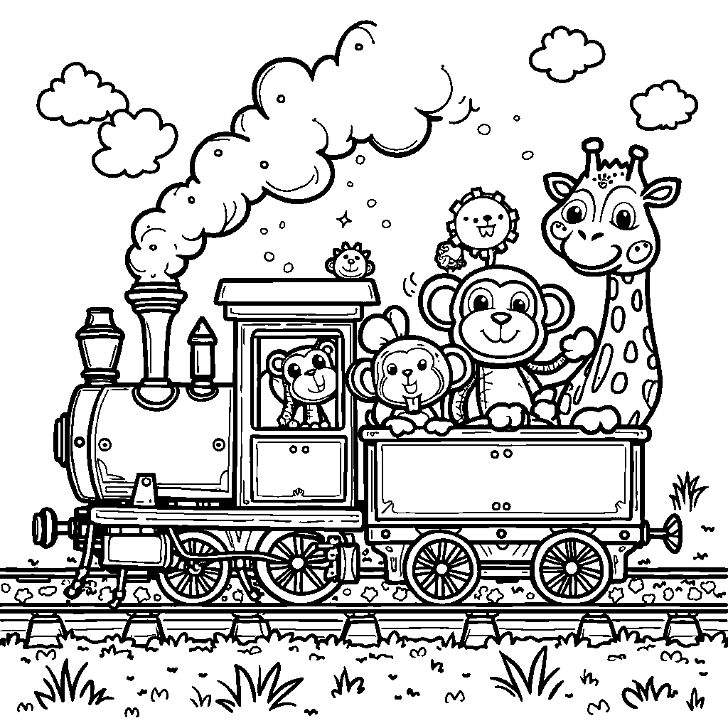 A number twenty with an animated train and traveling animals