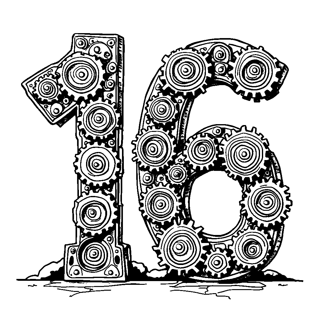 A robot forming number sixteen with gears and circuits