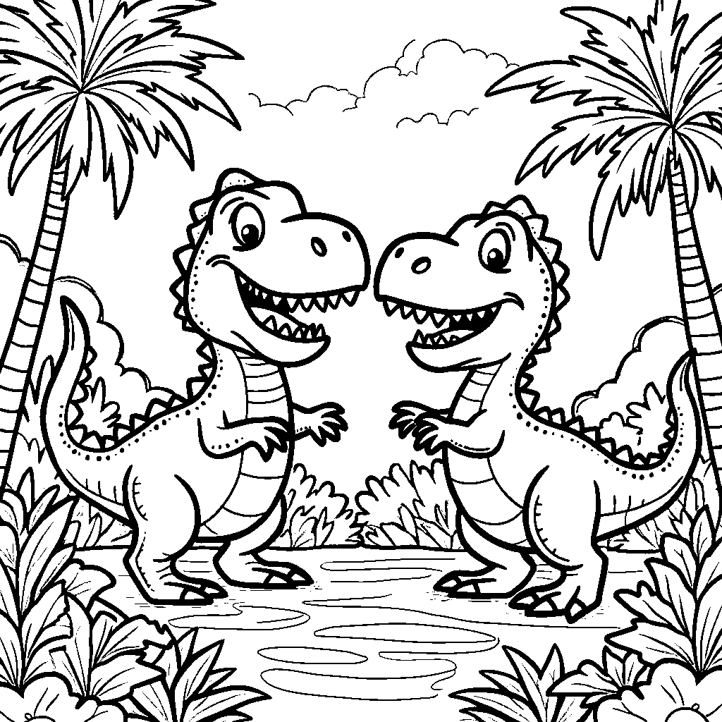 A scene featuring three friendly dinosaurs dancing