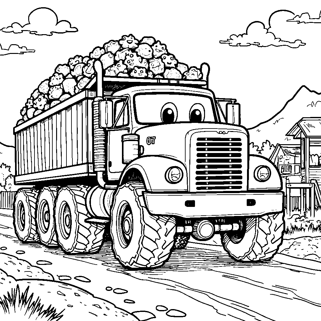 A sixteen-wheeled truck loaded with toys heading to a playground