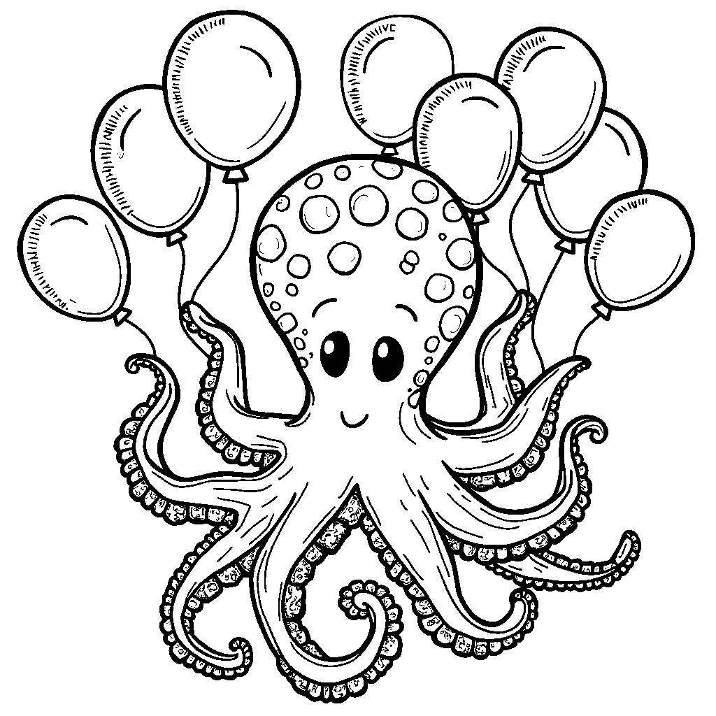 An octopus with eight arms holding colorful balloons