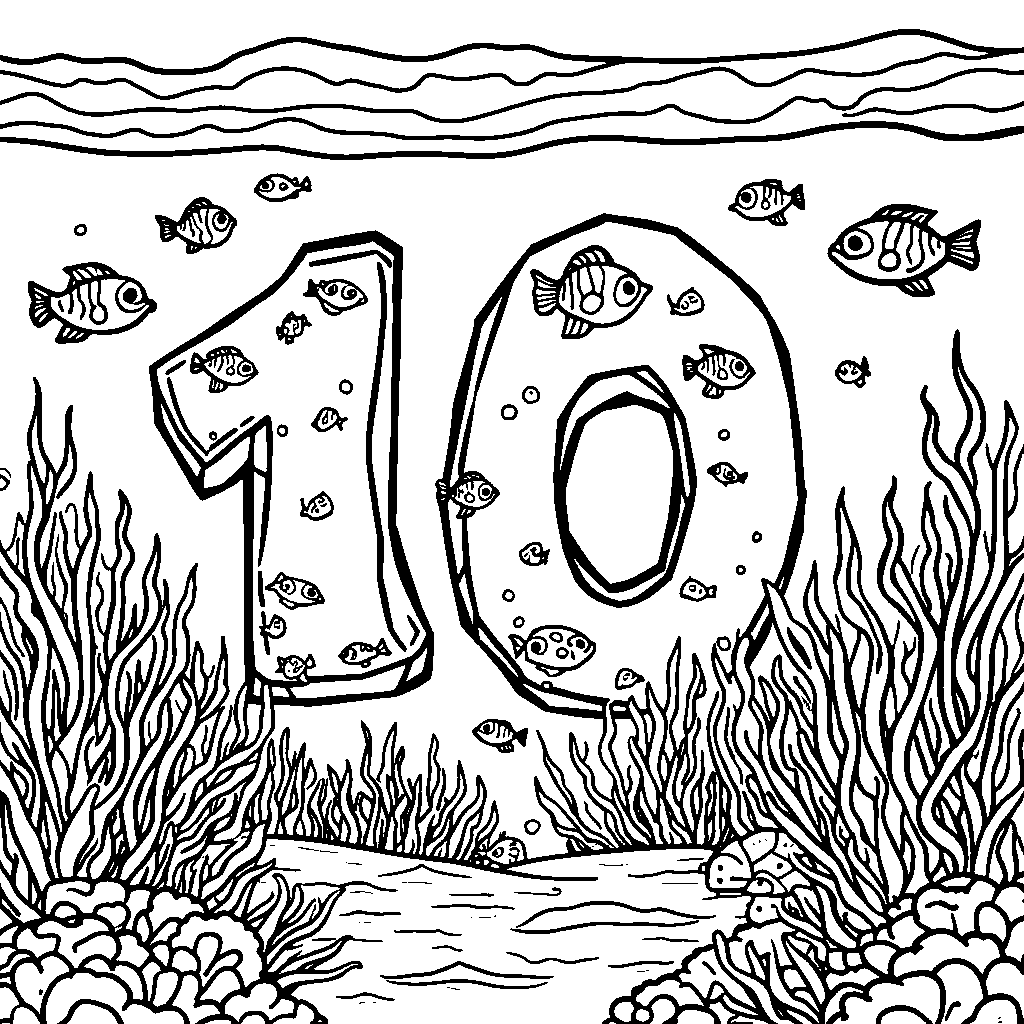 An underwater scene with school of fish forming number ten