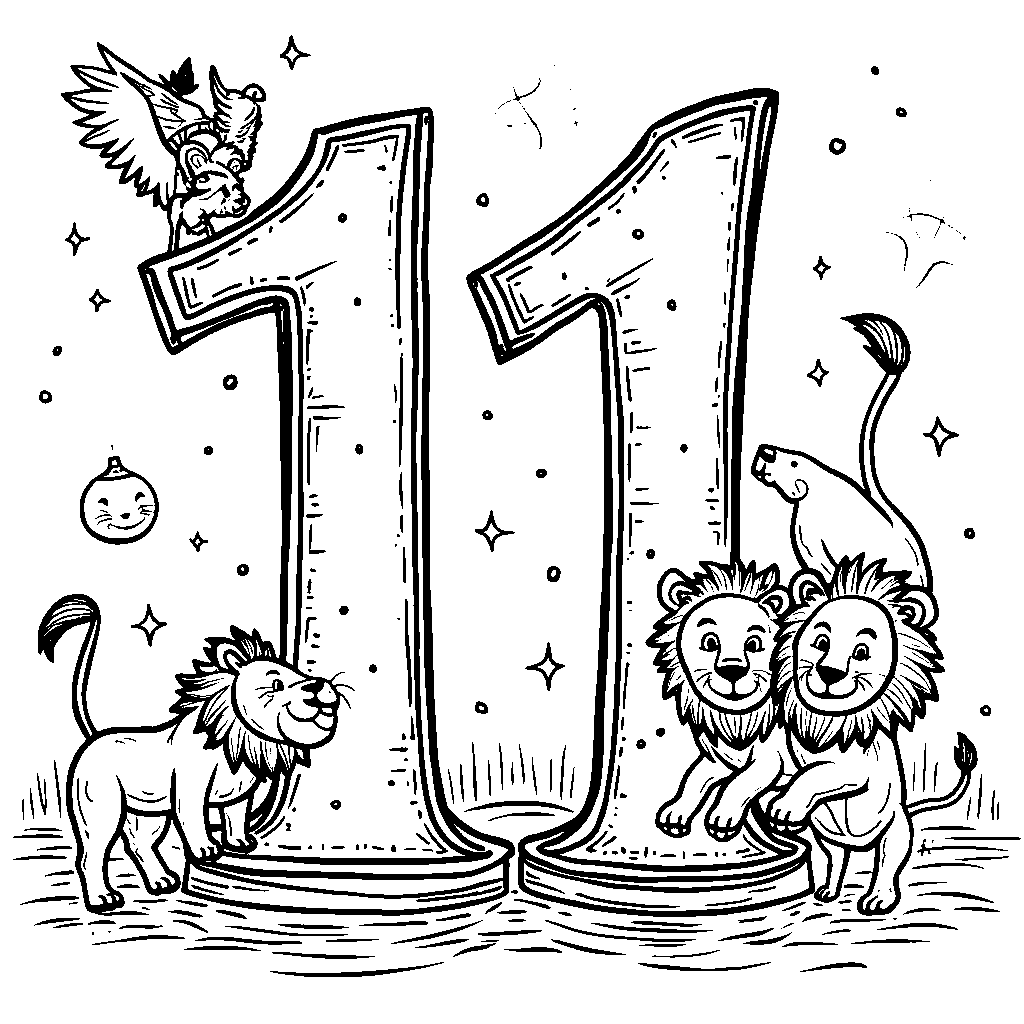 A circus themed number eleven with acrobats and lions