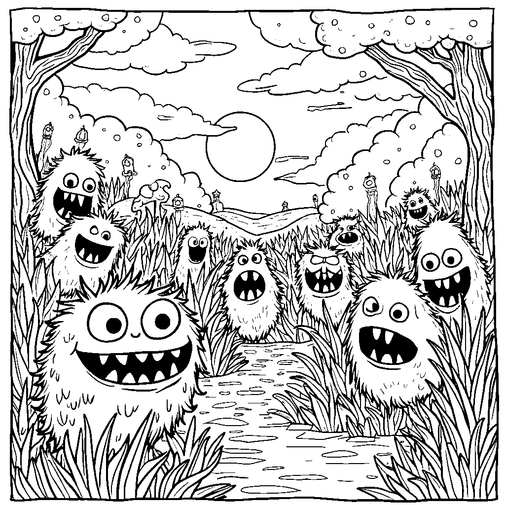 Eighteen silly monsters playing hide and seek