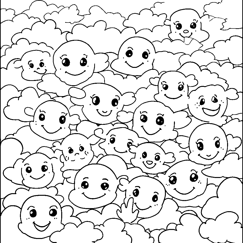 Eleven smiley faces floating in a sea of clouds