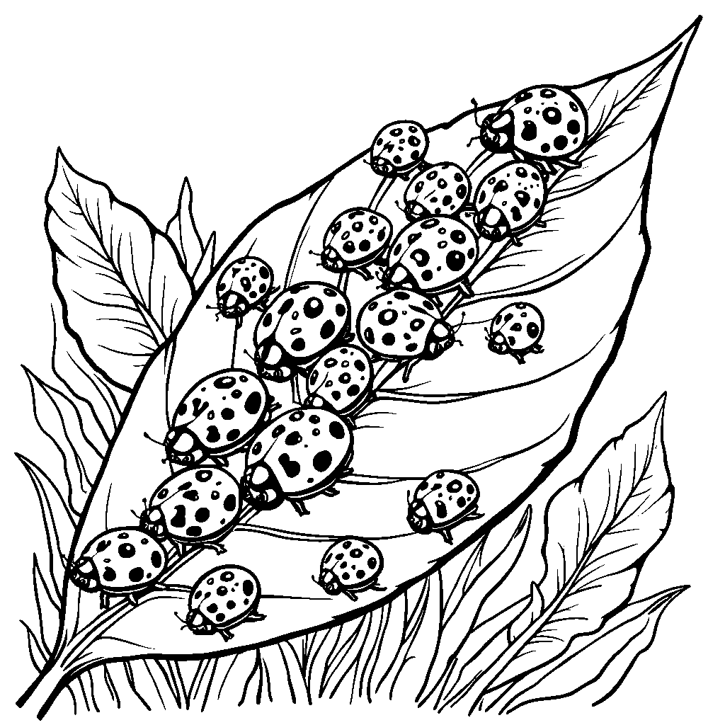 Fifteen cheerful ladybugs crawling on a leaf