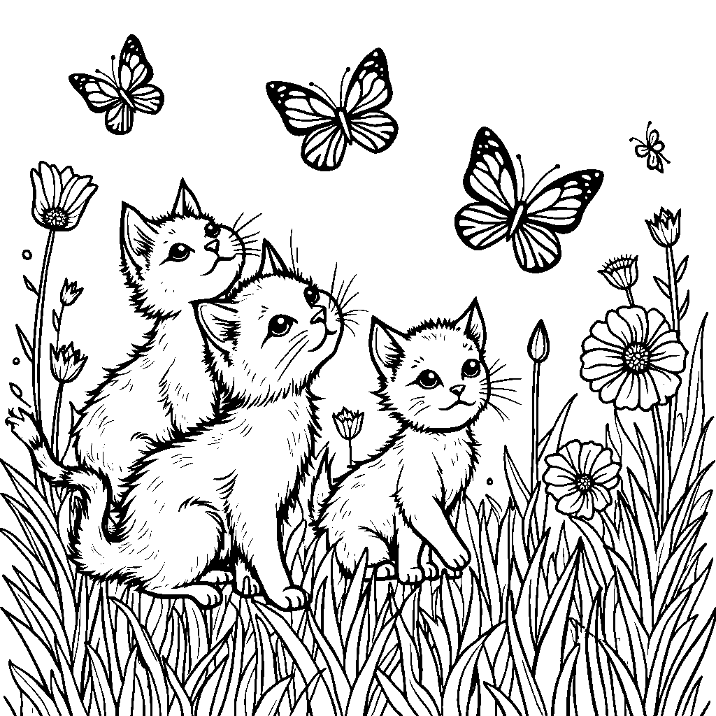 Four playful kittens chasing butterflies in a garden