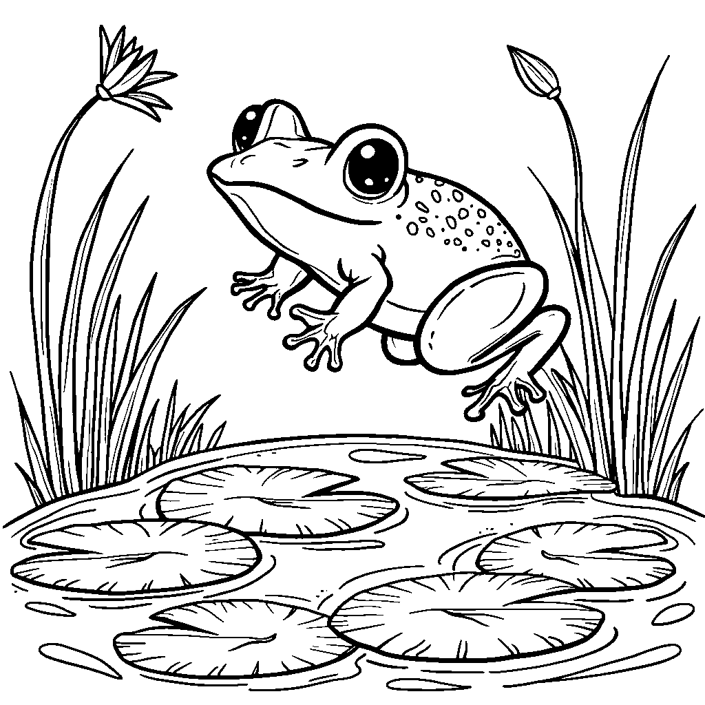 A friendly frog leaping over six lily pads