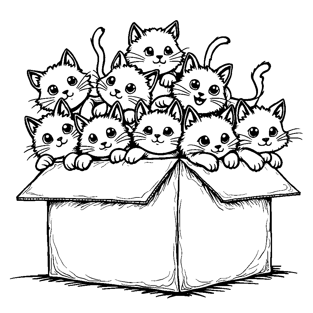 Nine curious cats peeking out of a cardboard box