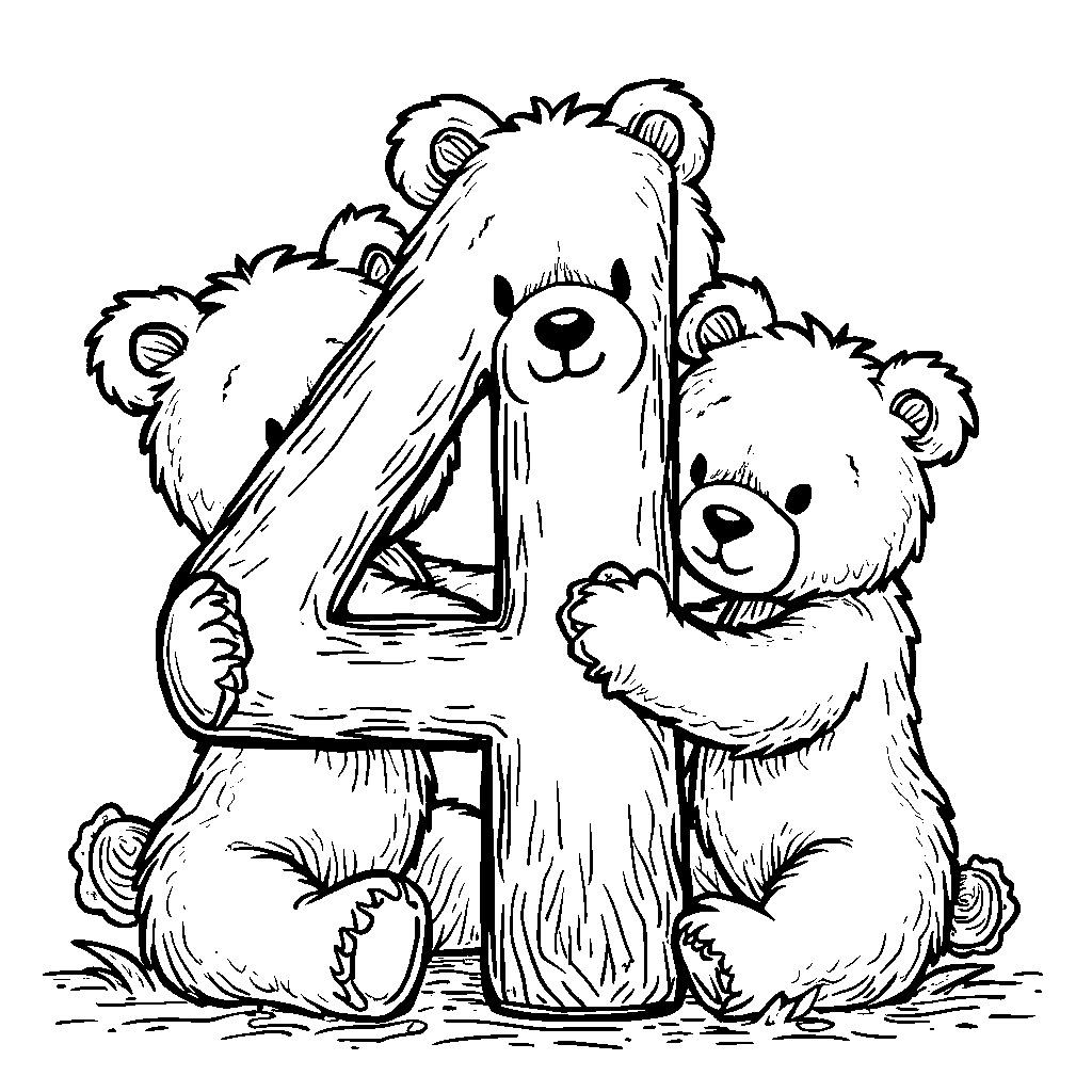 Number four made of cute teddy bears hugging each other