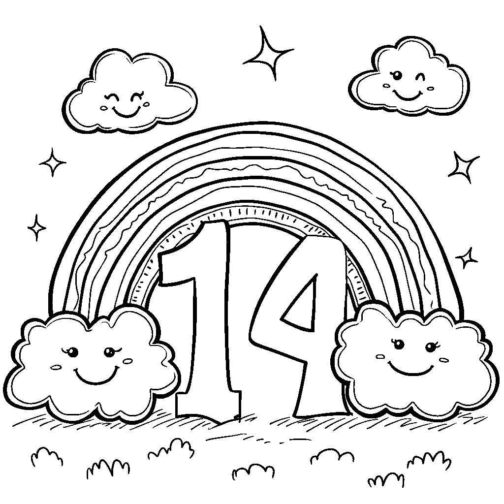 A number fourteen rainbow with smiling clouds