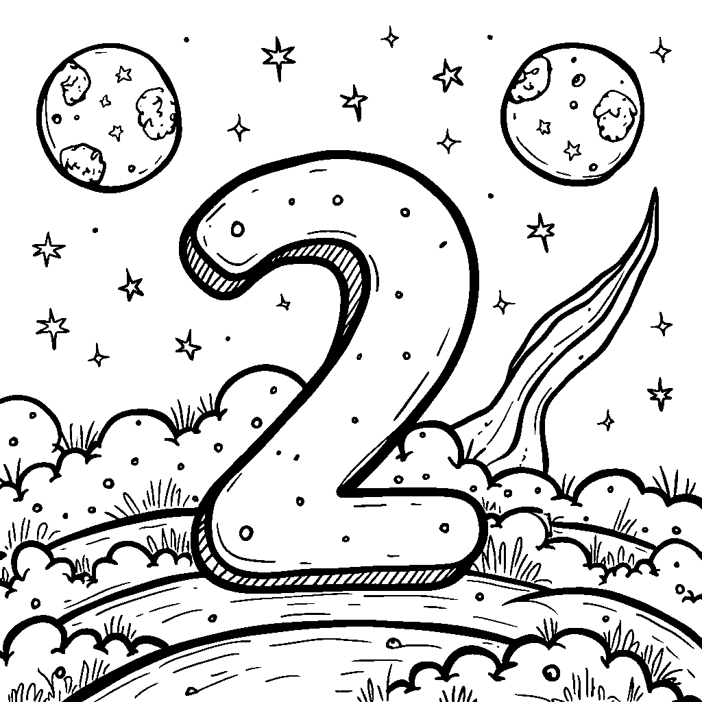 Number two surrounded by two moons and shooting stars