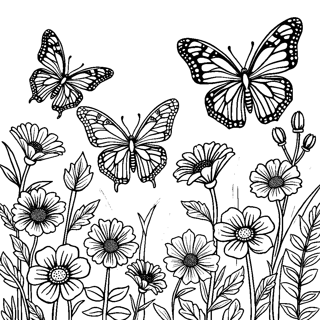 Seventeen colorful butterflies fluttering around flowers