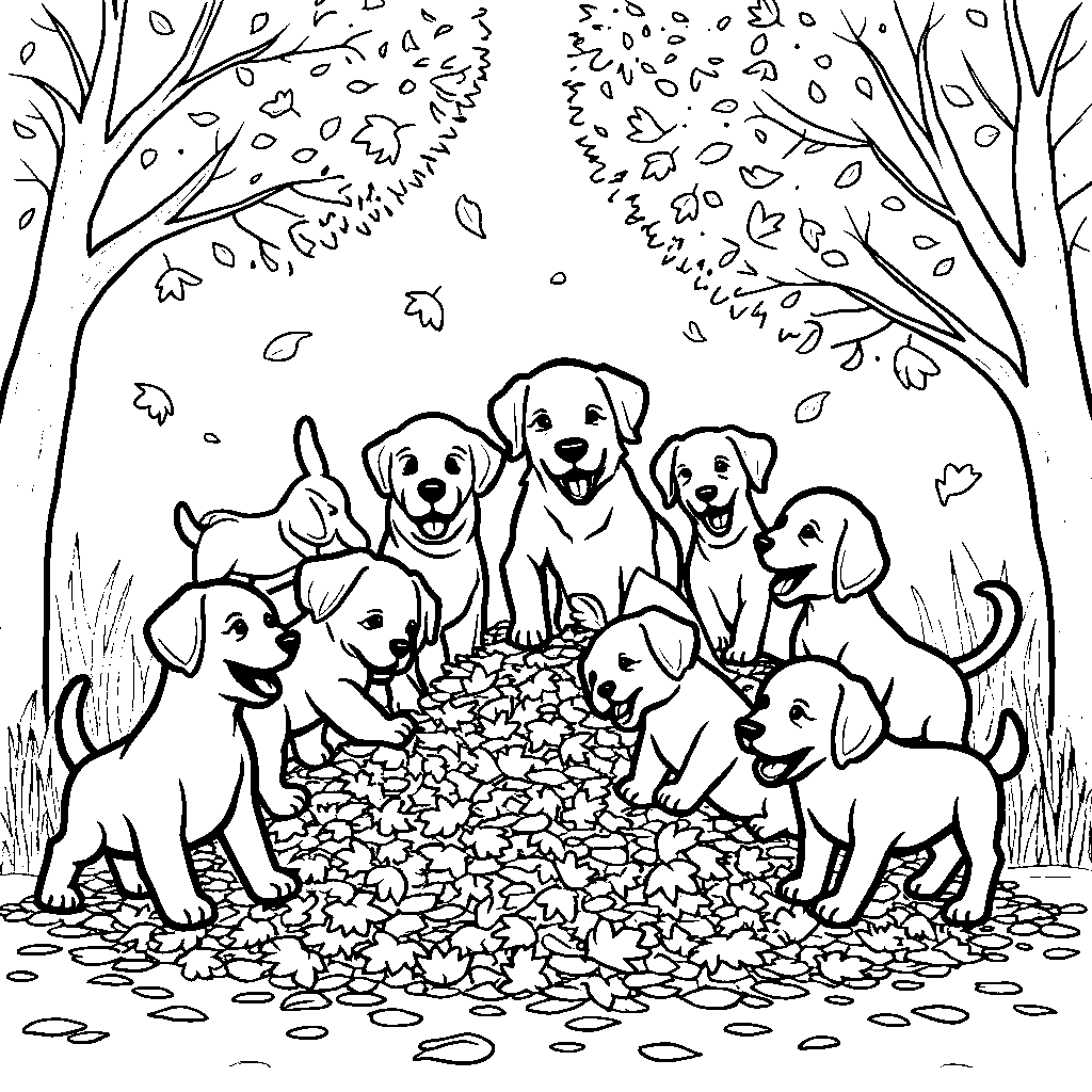 Ten playful puppies in a big pile of autumn leaves