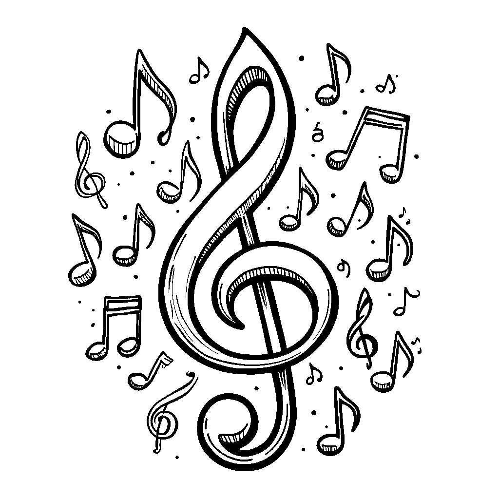 Twelve colorful musical notes dancing around a treble clef