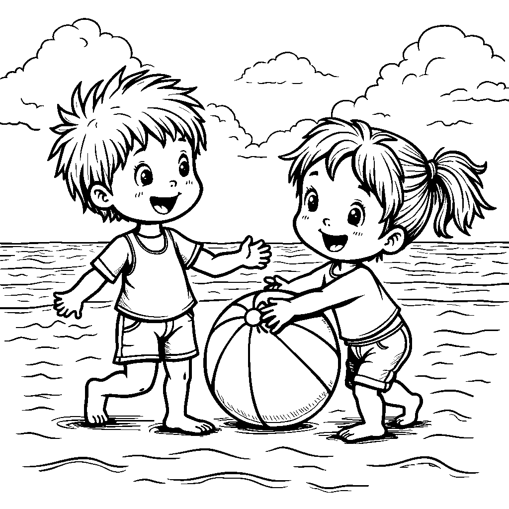 Two happy kids playing with a big beach ball