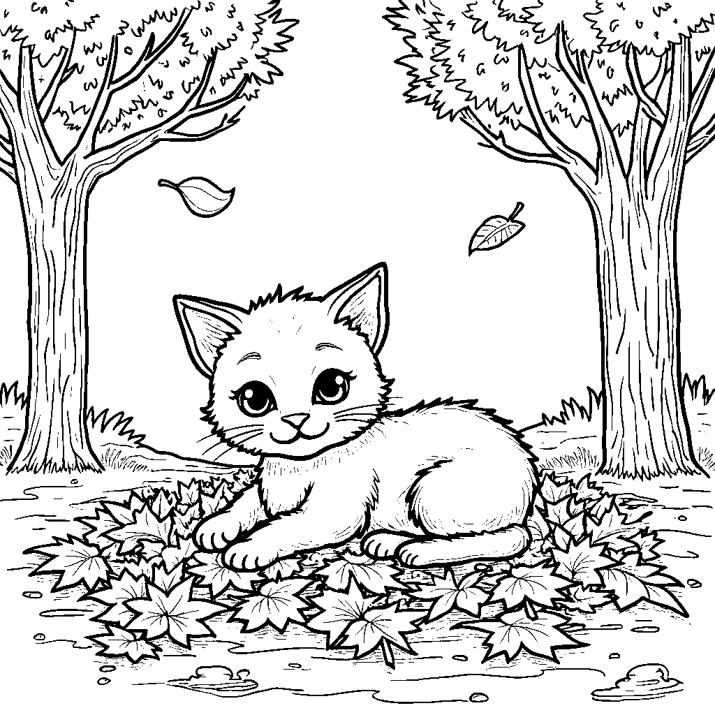 A cat playing with autumn leaves