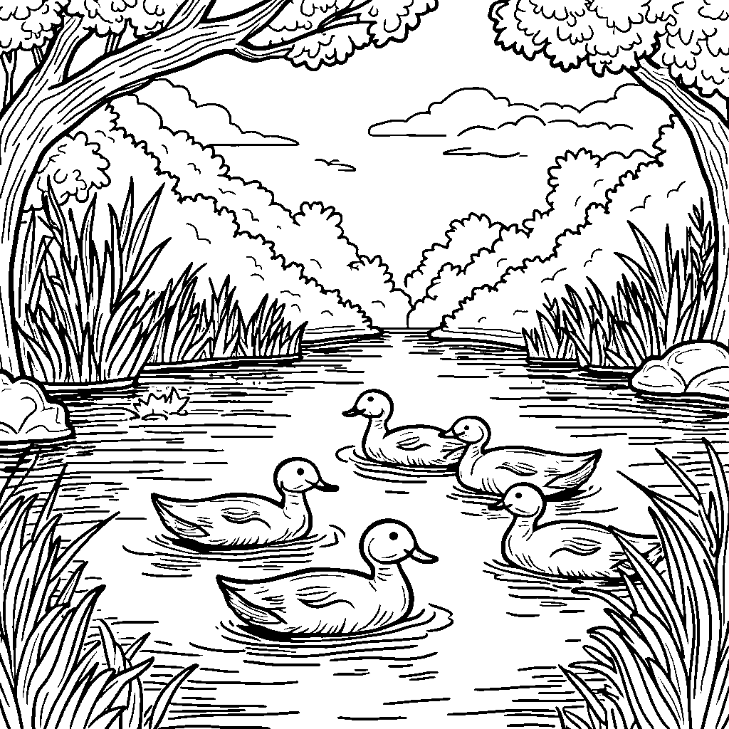 A family of ducks swimming in an autumn pond