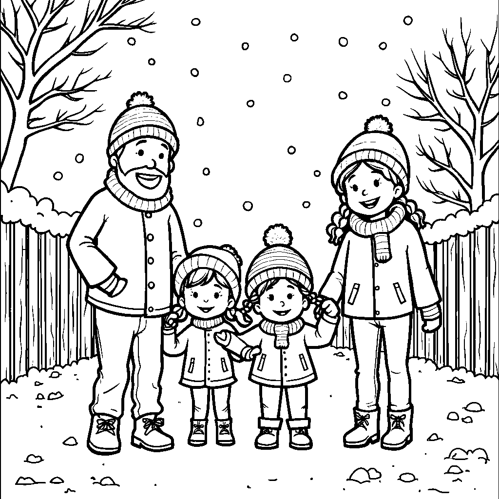 A family playing in the snow on a winter morning