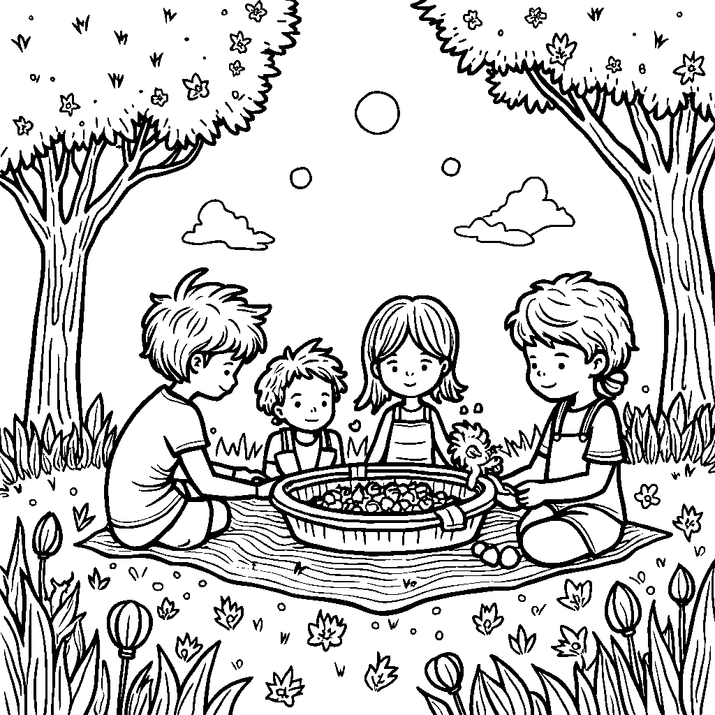 A group of kids having a spring picnic