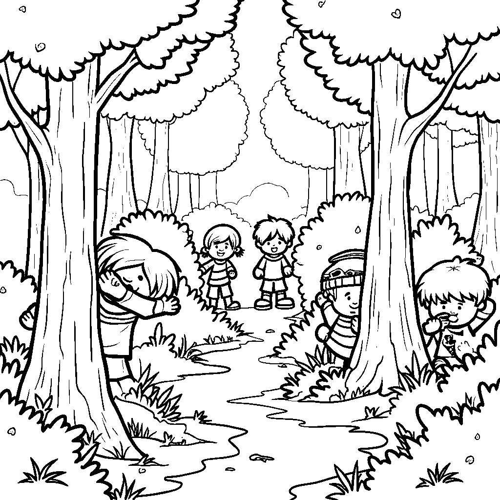 A group of kids playing autumn hide-and-seek