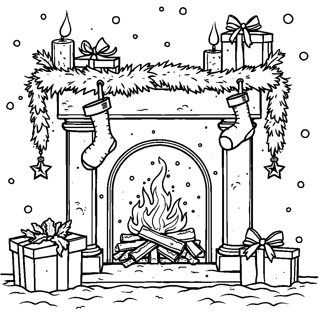 A winter fireplace with stockings hung