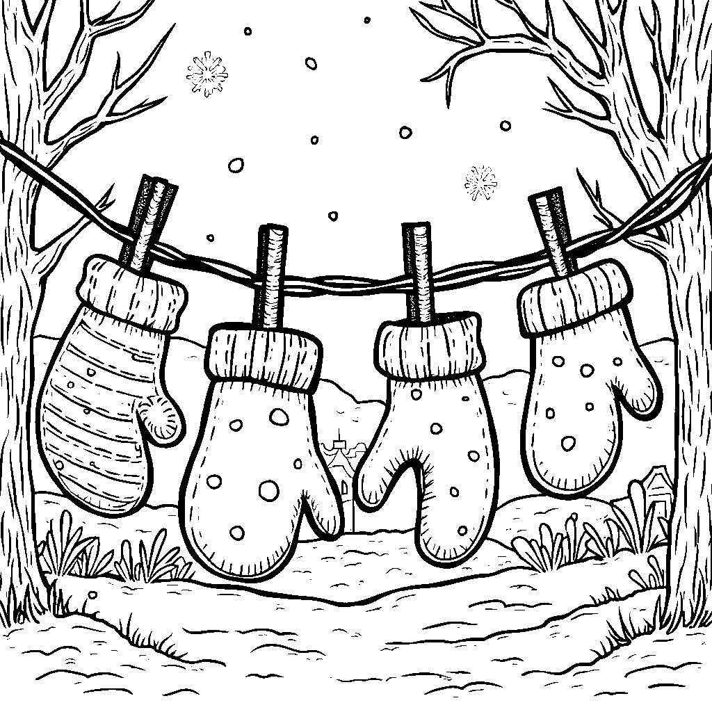 Winter mittens hanging on a clothesline