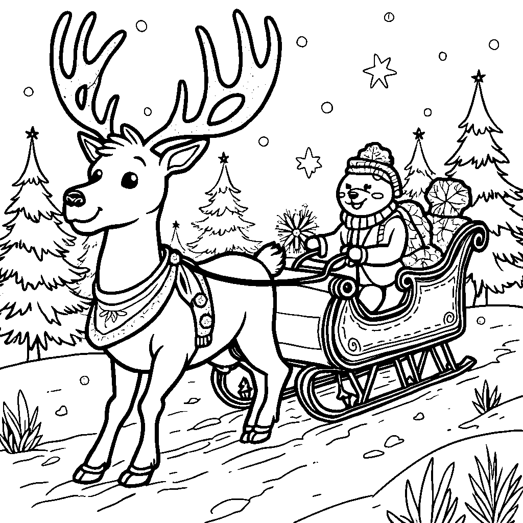 A winter reindeer pulling a sleigh