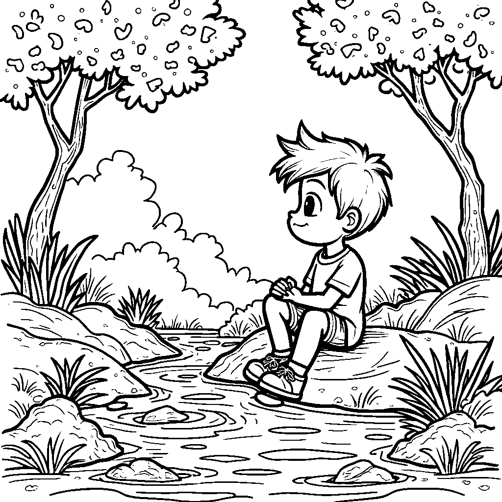 A Boy Hearing the Sound of a Babbling Brook