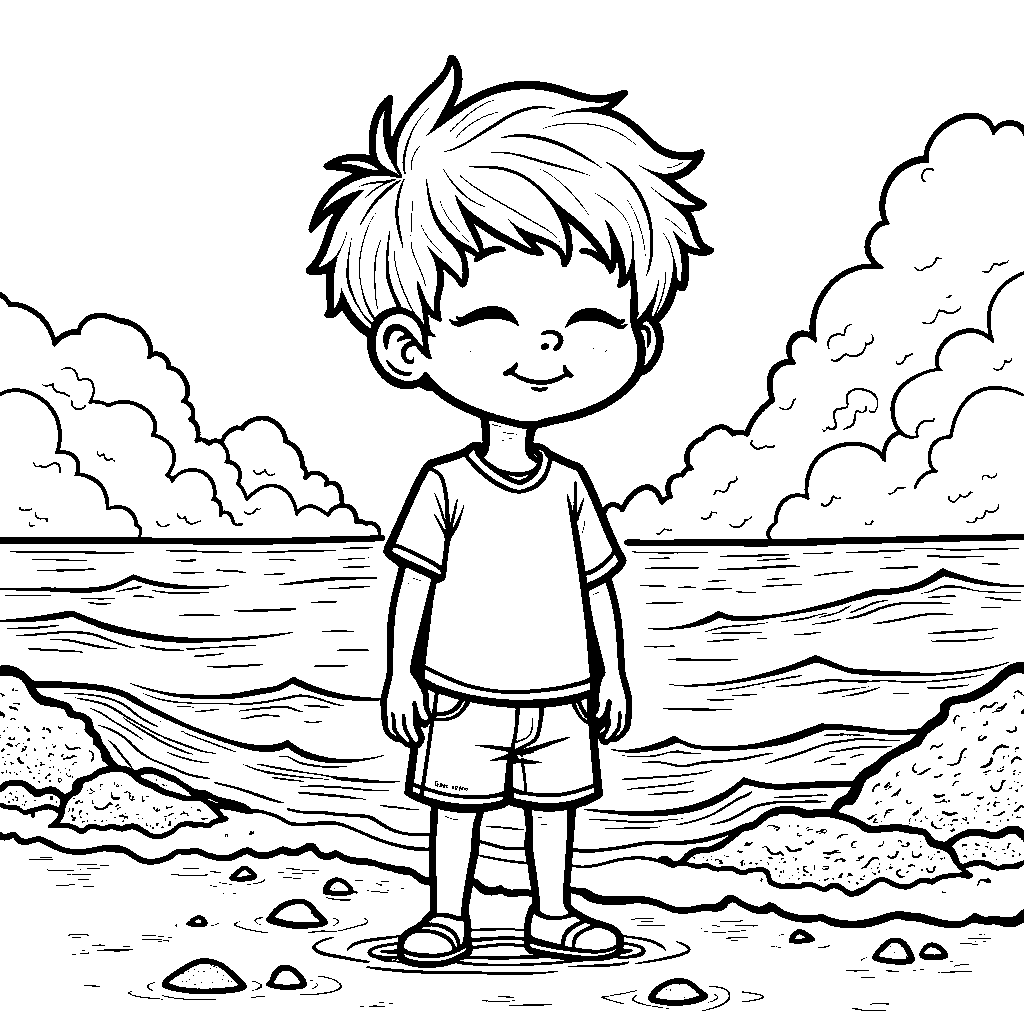 A Boy Hearing the Sound of the Ocean Waves