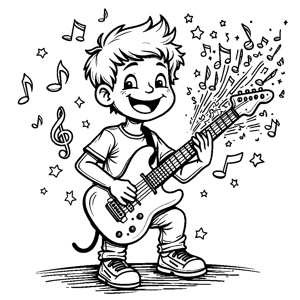 A Boy Playing a Guitar with Sound Waves