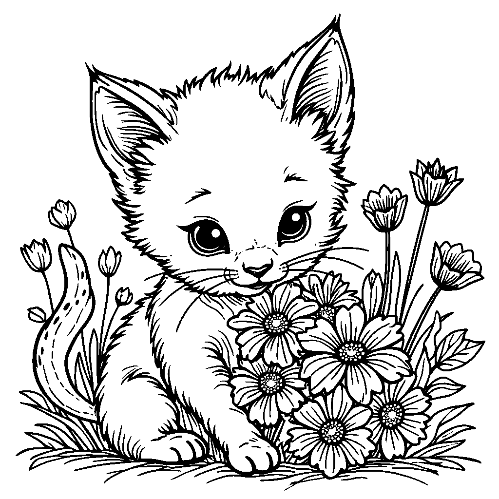 A Kitten Sniffing a Bouquet of Flowers