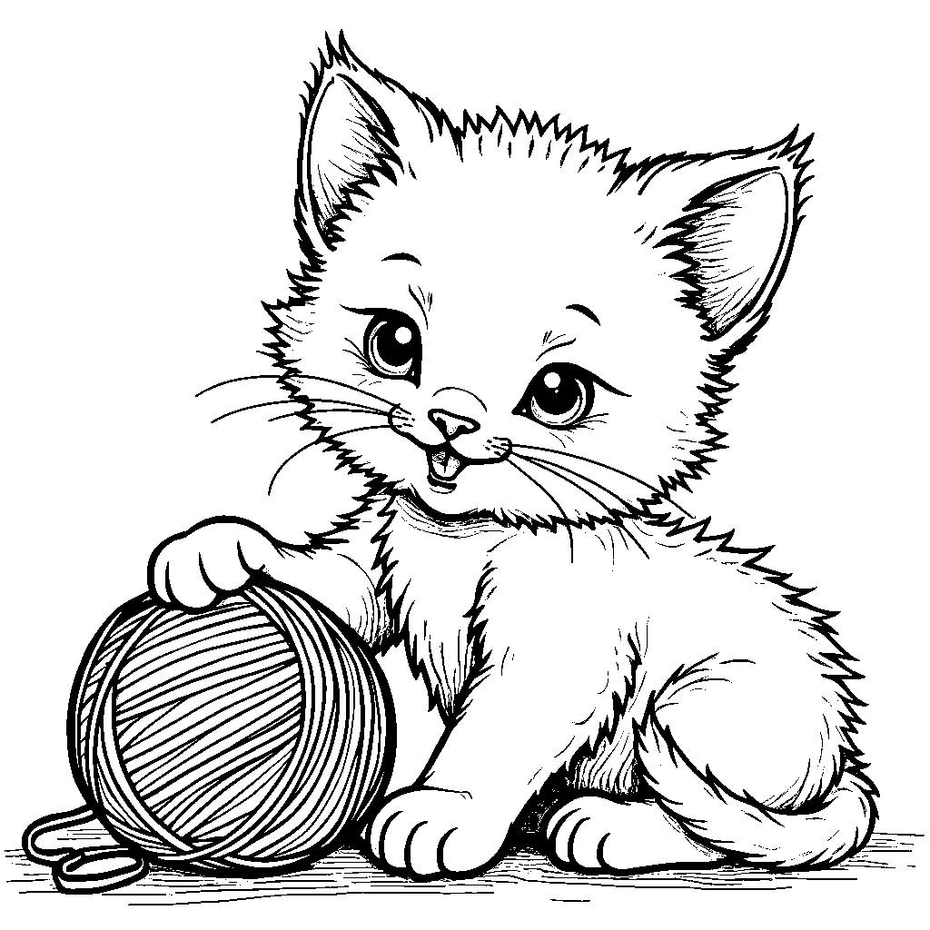 A Kitten Touching a Ball of Yarn