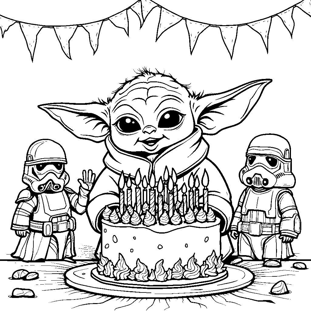 Baby Yoda blowing out candles on a birthday cake