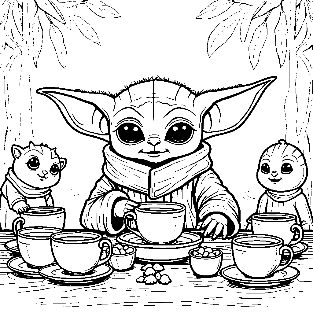 Baby Yoda having a tea party with its favorite toys