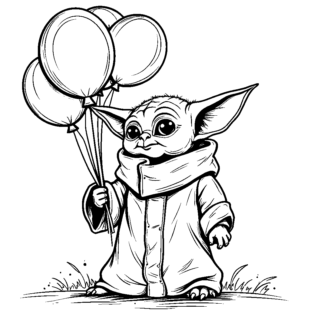 Baby Yoda holding a bouquet of balloons