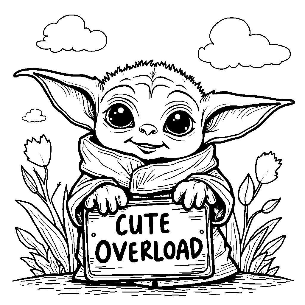 Baby Yoda holding a sign that says 'Cute Overload'