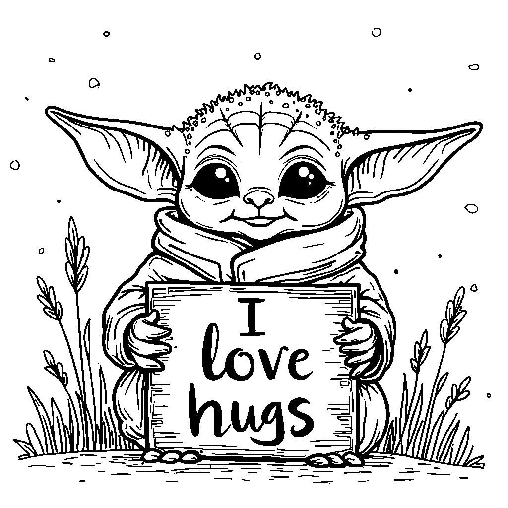 Baby Yoda holding a sign that says 'I love hugs'