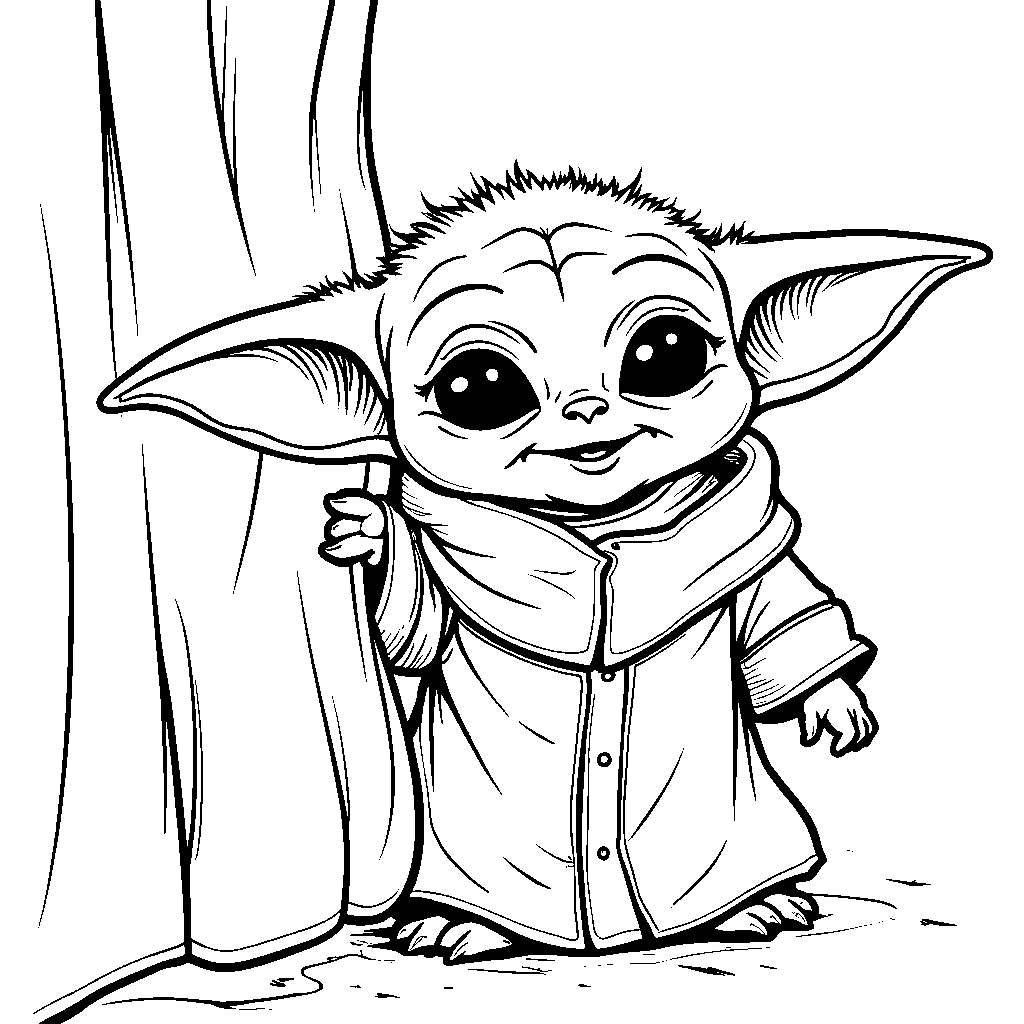 Baby Yoda peeking out from behind a curtain