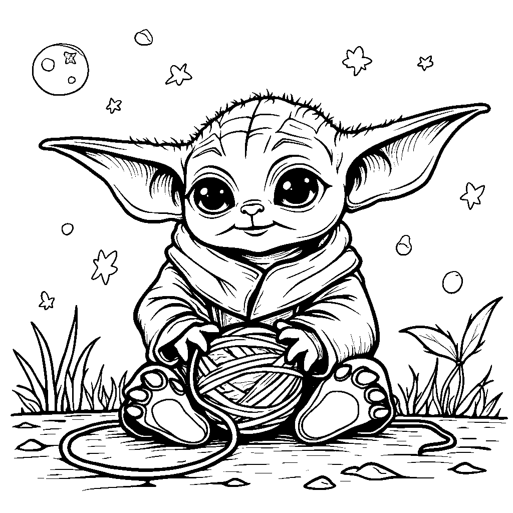 Baby Yoda playing with a ball of yarn