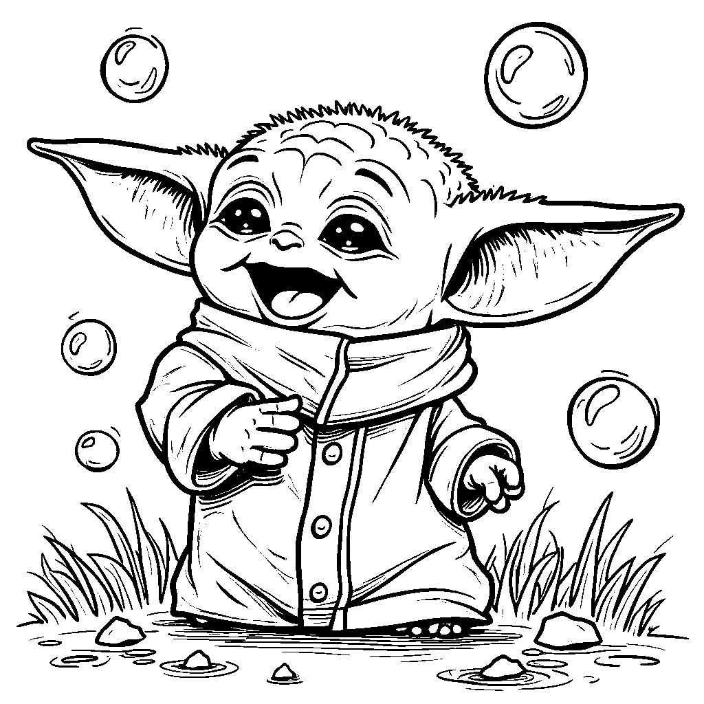 Baby Yoda playing with a bubble machine