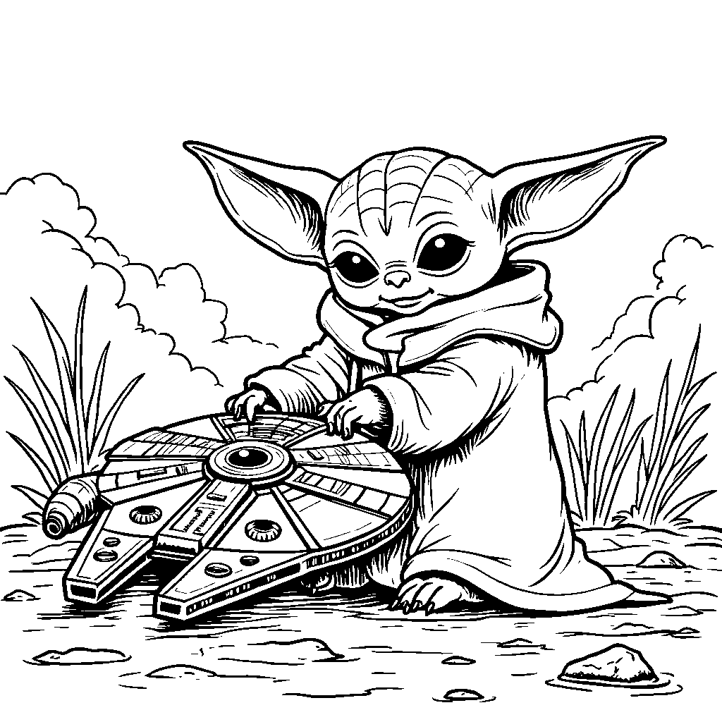 Baby Yoda playing with a miniature version of the Millennium Falcon