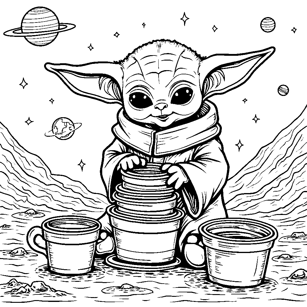 Baby Yoda playing with a set of stacking cups