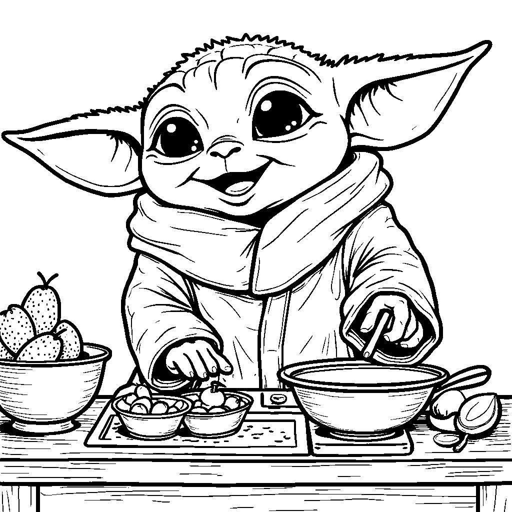 Baby Yoda playing with a toy kitchen set