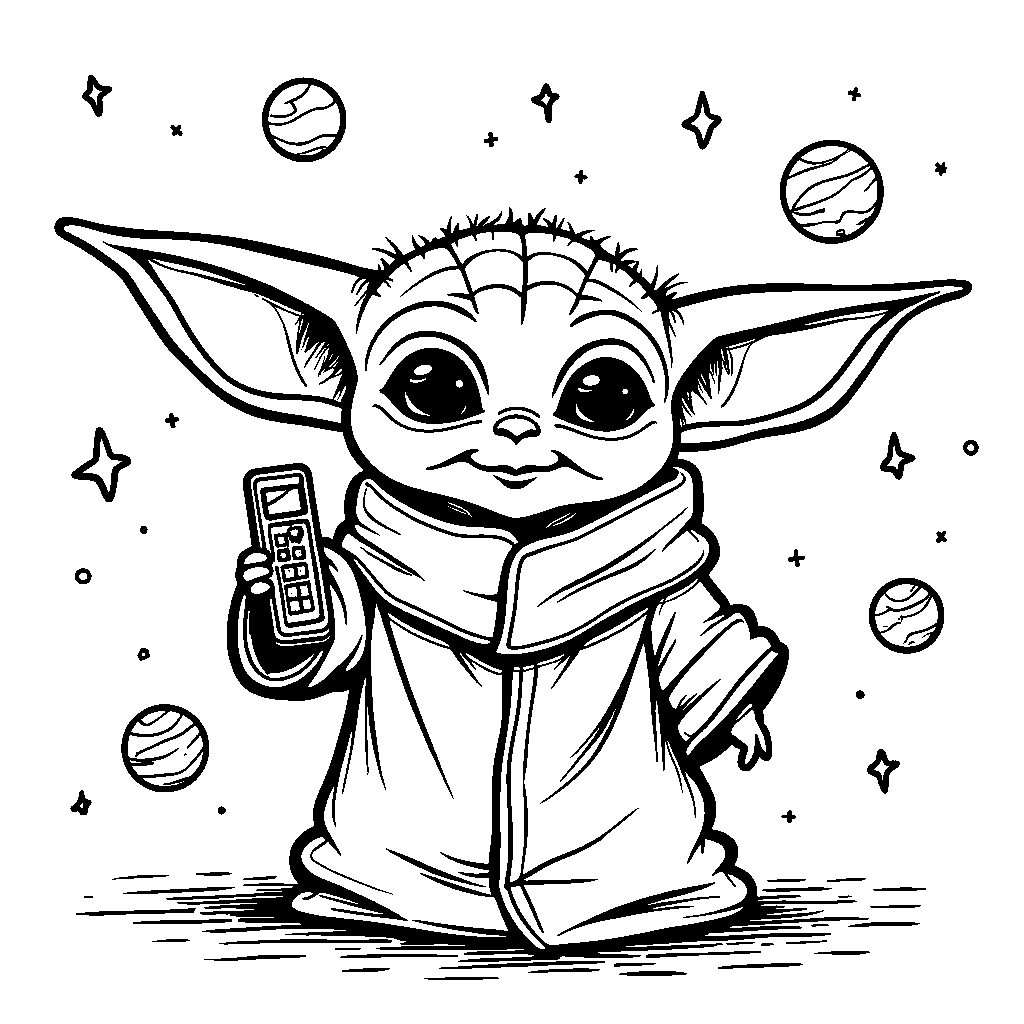 Baby Yoda playing with a toy phone